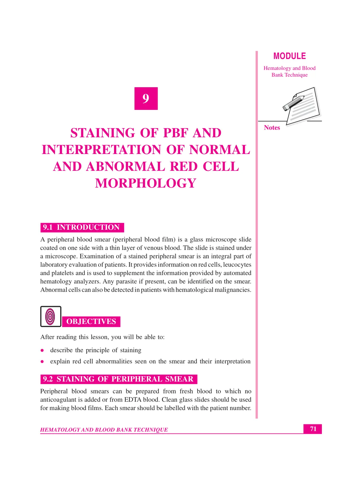 غلاف تقرير MODULE Hematology and Blood Bank Technique STAINING OF PBF AND INTERPRETATION OF NORMAL AND ABNORMAL RED CELL MORPHOLOGY