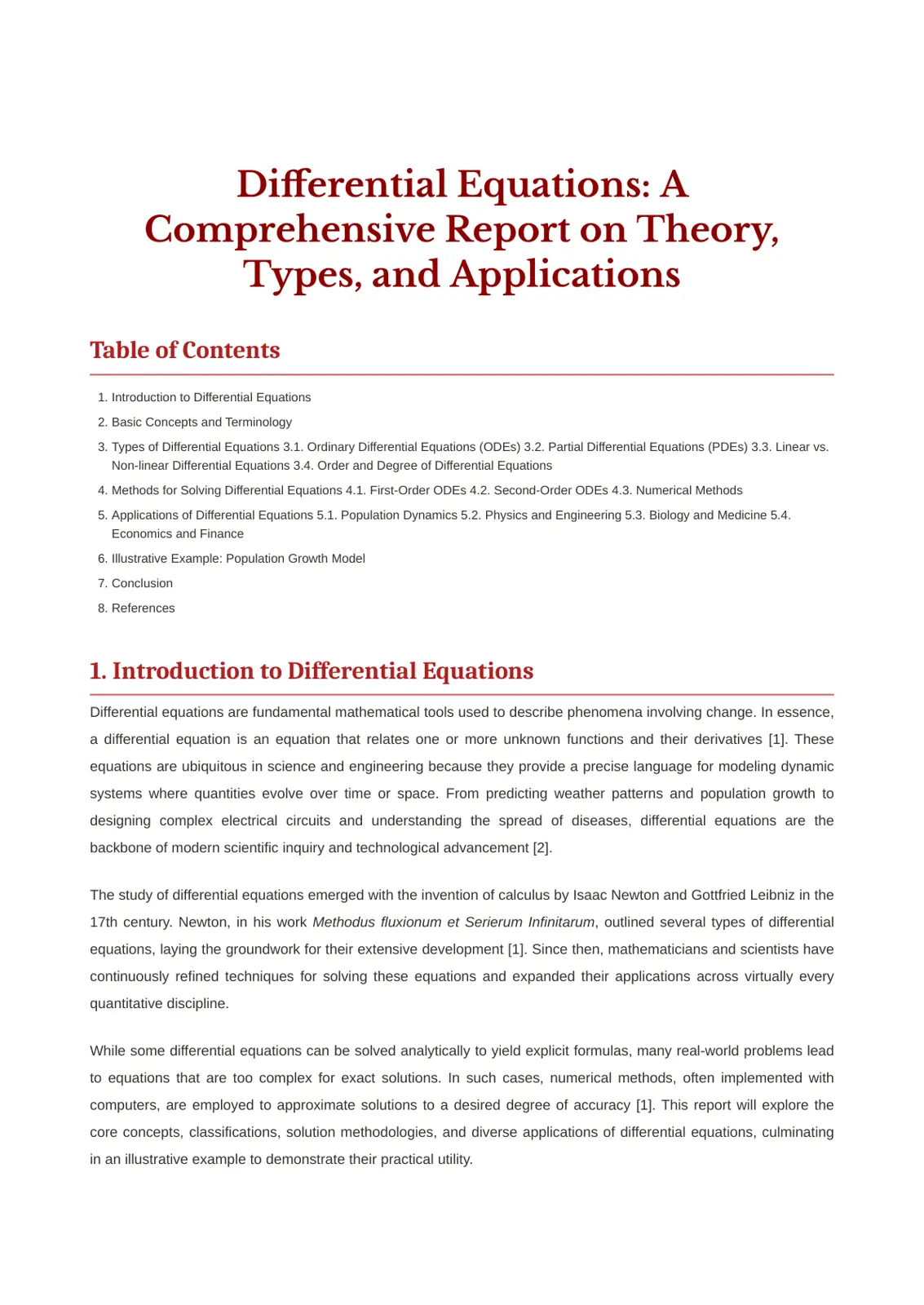 غلاف تقرير Differential Equations: A Comprehensive Report on Theory, Types, and Applications