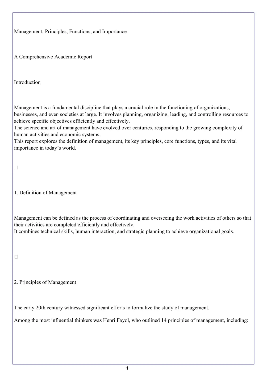 غلاف تقرير Management: Principles, Functions, and Importance