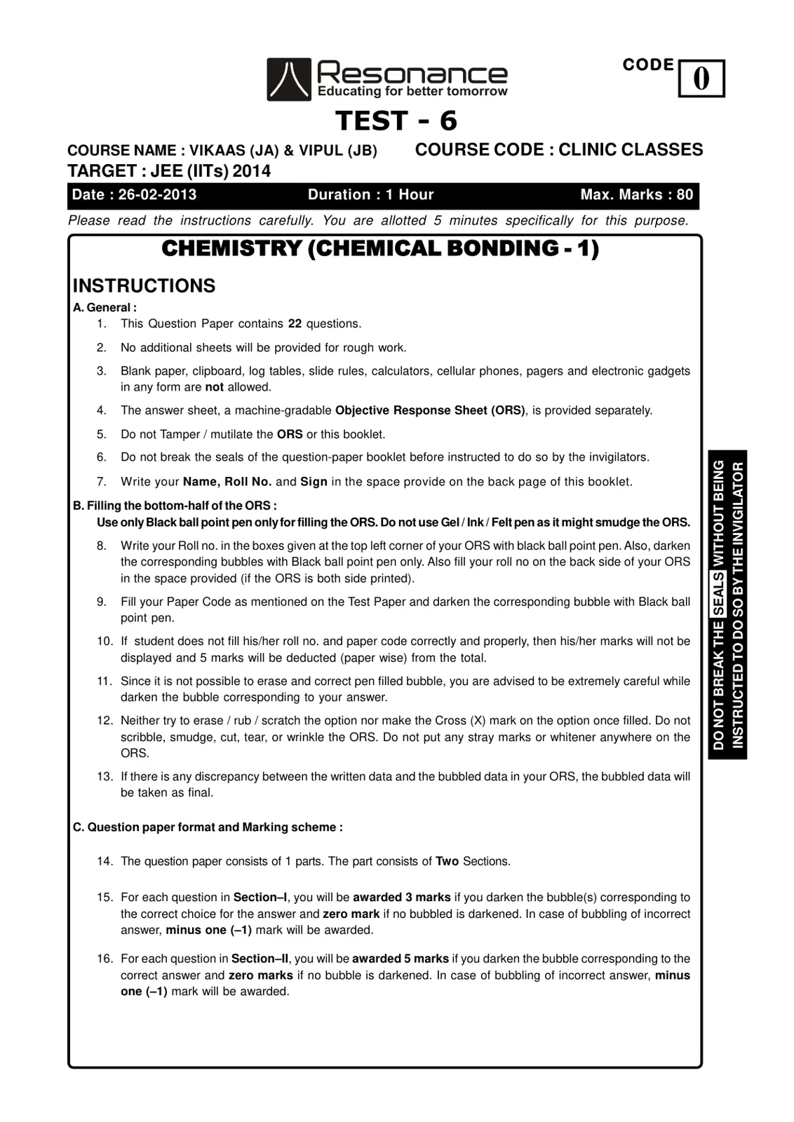 غلاف تقرير TEST - 6 CHEMISTRY (CHEMICAL BONDING - 1)