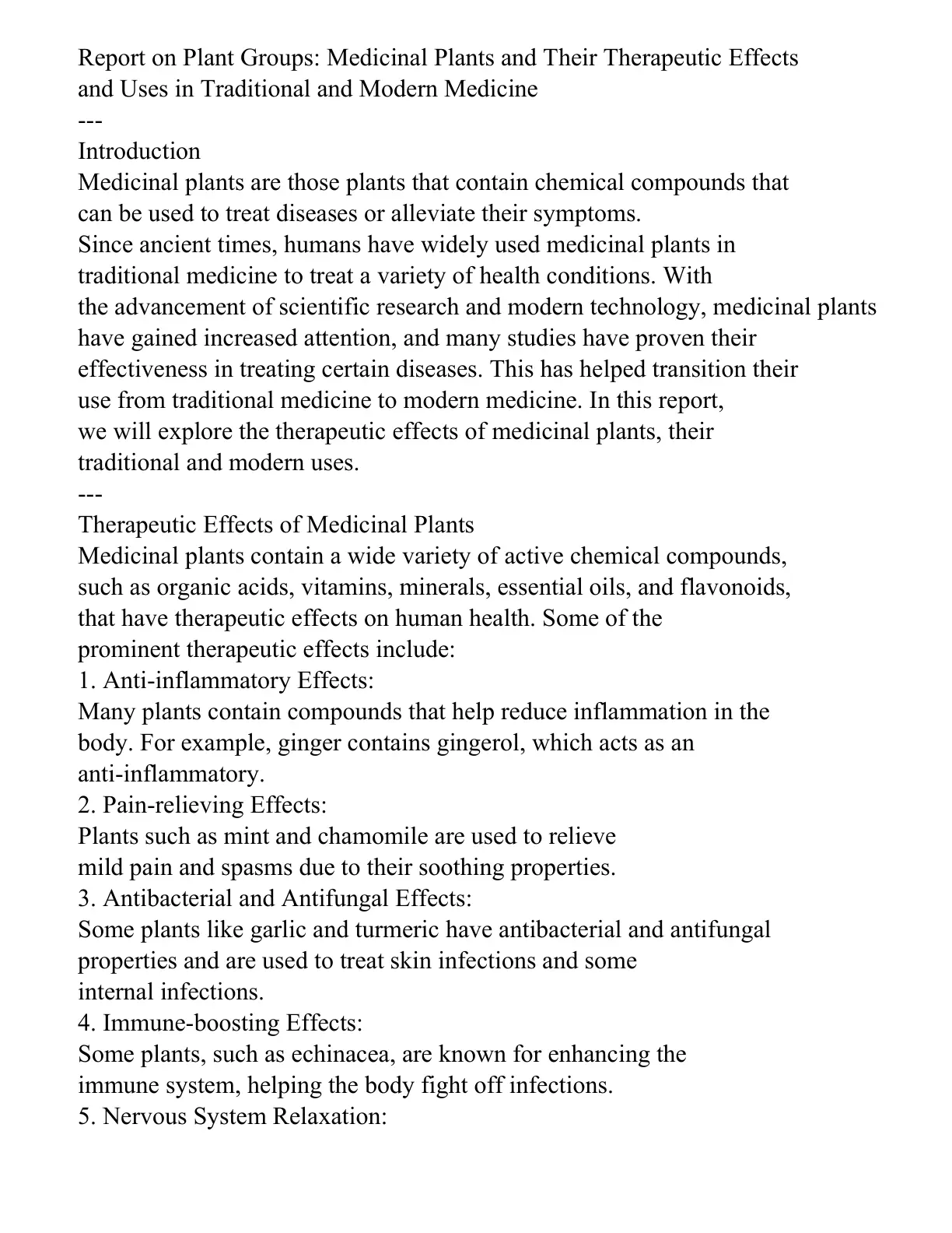 غلاف تقرير Report on Plant Groups: Medicinal Plants and Their Therapeutic Effects and Uses in Traditional and Modern Medicine