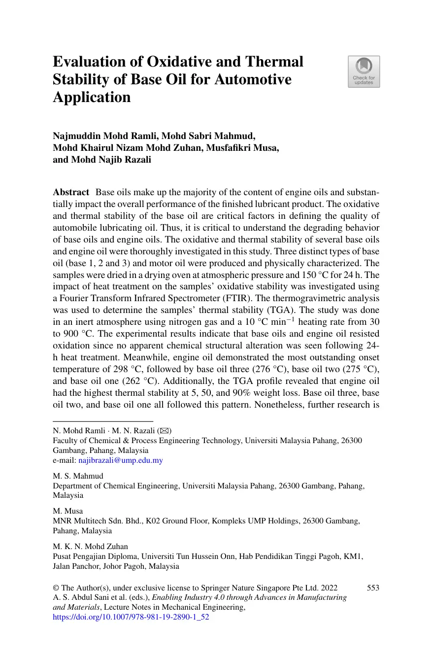 غلاف تقرير Evaluation of Oxidative and Thermal Stability of Base Oil for Automotive Application