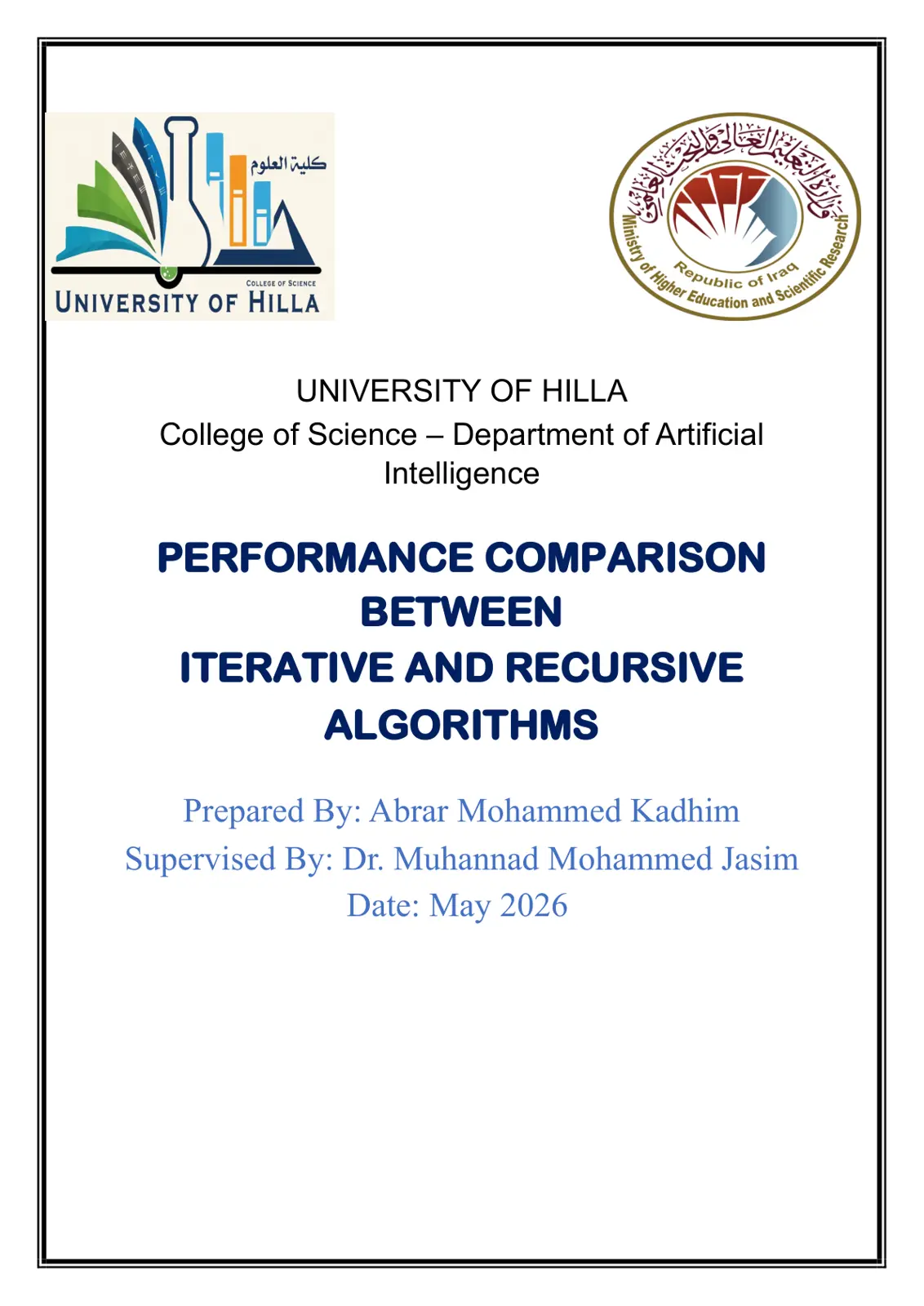 غلاف تقرير PERFORMANCE COMPARISON BETWEEN ITERATIVE AND RECURSIVE ALGORITHMS