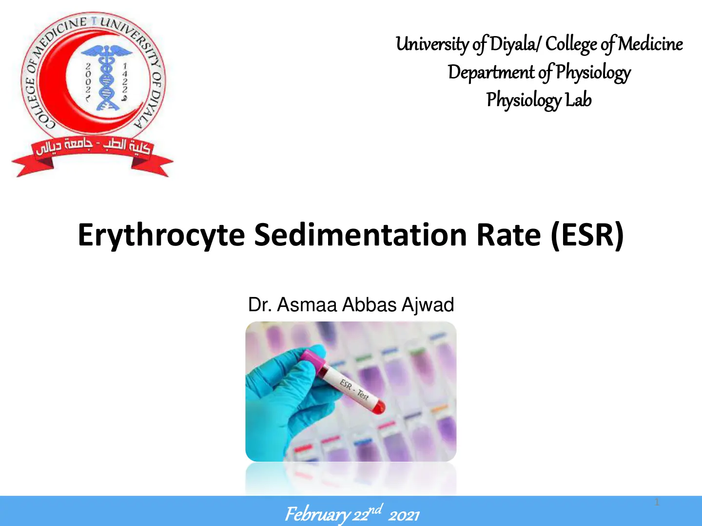 غلاف تقرير Erythrocyte Sedimentation Rate (ESR) - Physiology Lab