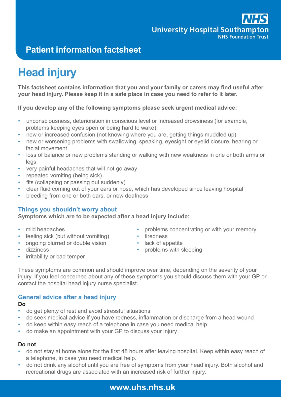 غلاف تقرير Head injury - Patient information factsheet