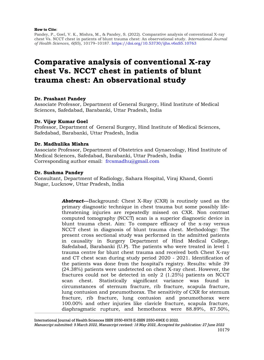 غلاف تقرير Comparative Analysis of Conventional X-ray Chest Vs NCCT Chest in Blunt Trauma Patients