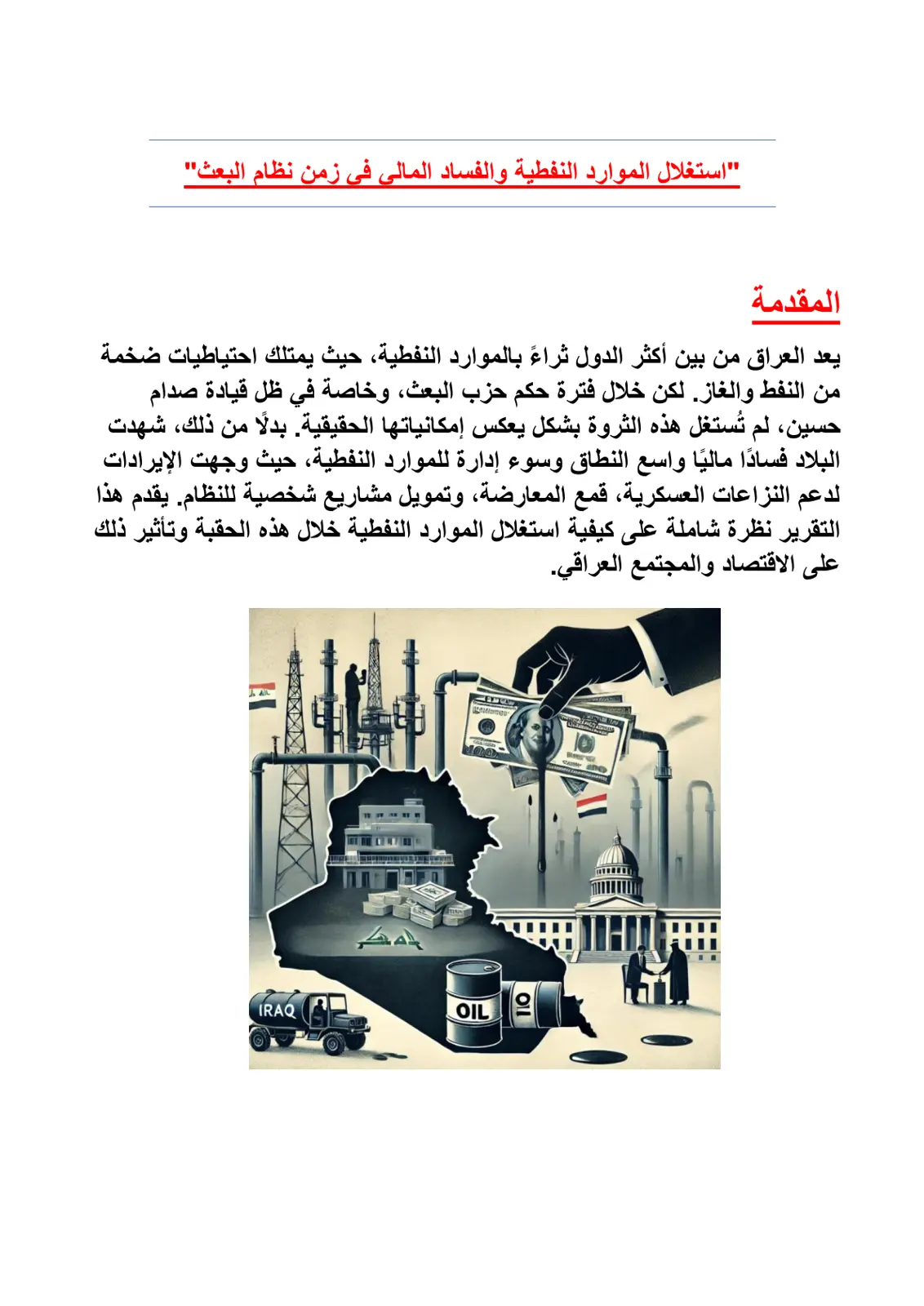 غلاف تقرير استغلال الموارد النفطية والفساد المالي في زمن نظام البعث