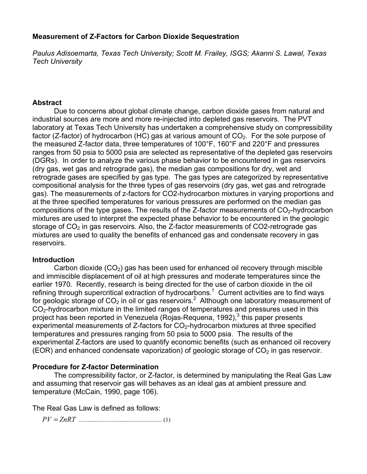 غلاف تقرير Measurement of Z-Factors for Carbon Dioxide Sequestration