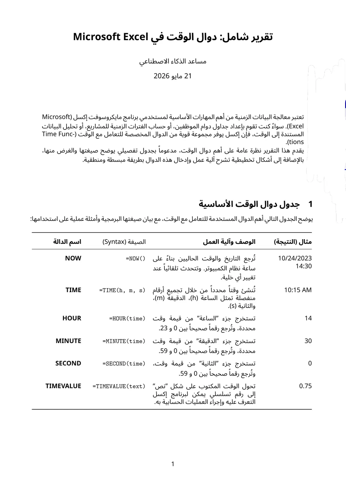 غلاف تقرير تقرير شامل دوال الوقت في Microsoft Excel