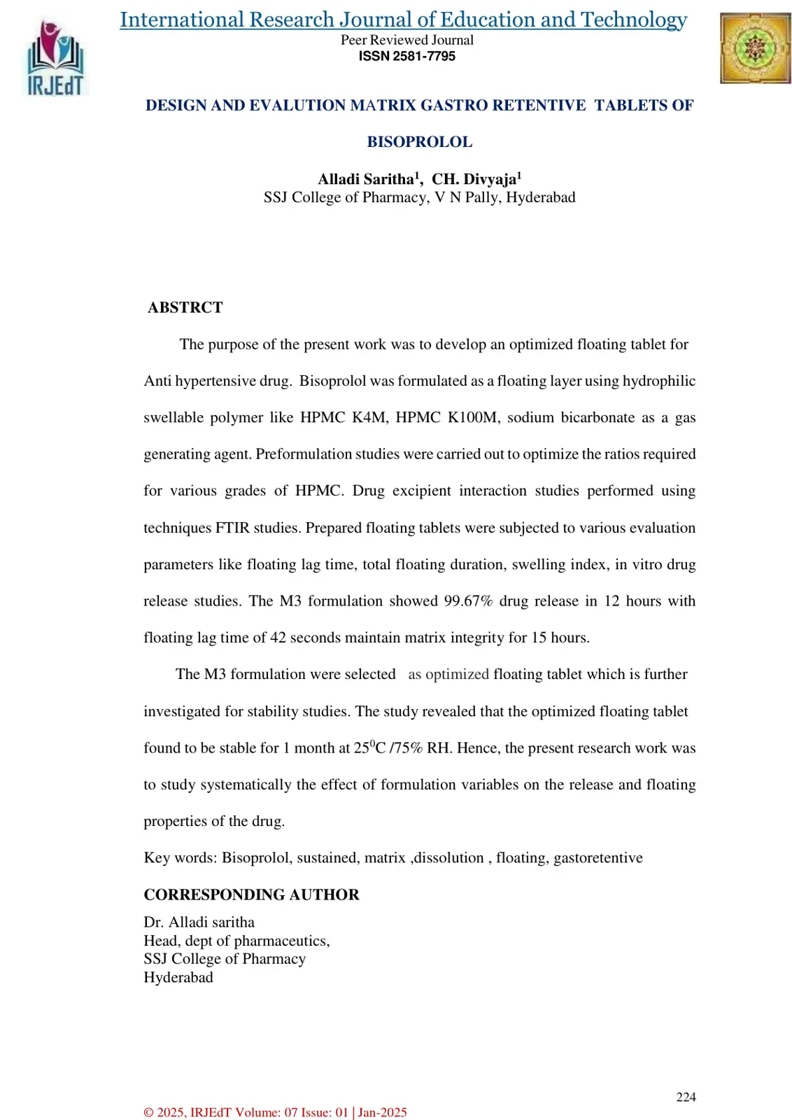 غلاف تقرير DESIGN AND EVALUATION OF GASTRO RETENTIVE TABLETS OF BISOPROLOL