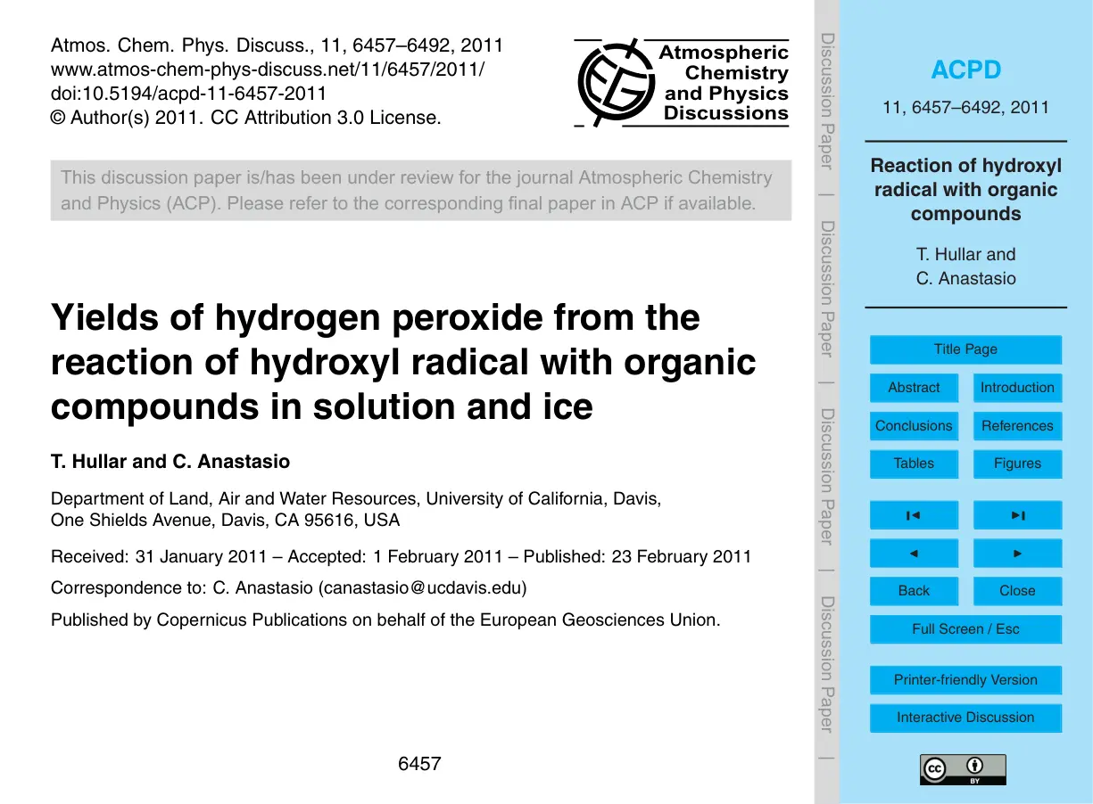 غلاف تقرير Yields of hydrogen peroxide from the reaction of hydroxyl radical with organic compounds in solution and ice