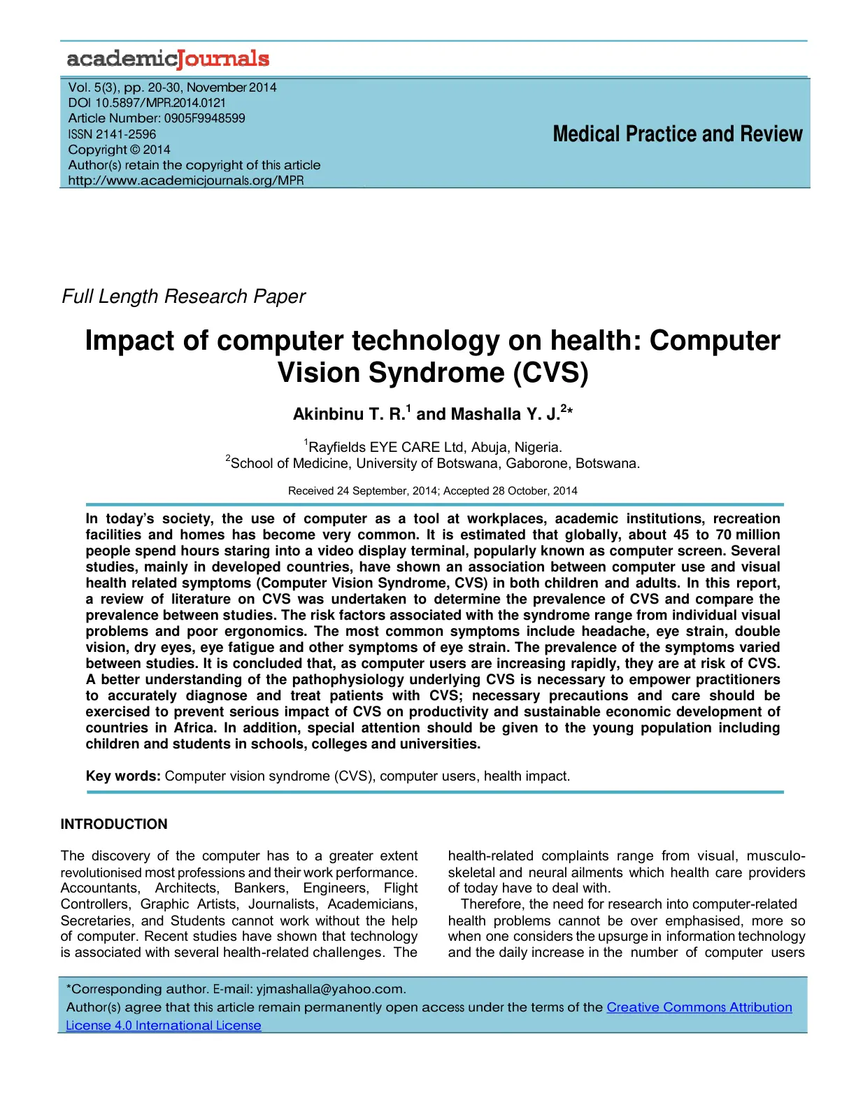 غلاف تقرير Impact of computer technology on health: Computer Vision Syndrome (CVS)