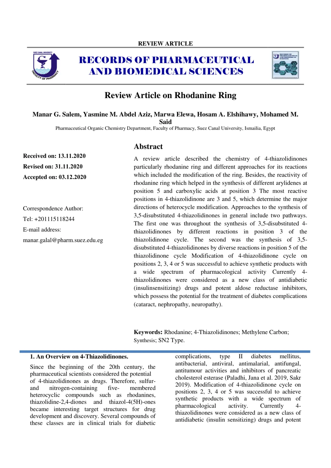 غلاف تقرير Review Article on Rhodanine Ring