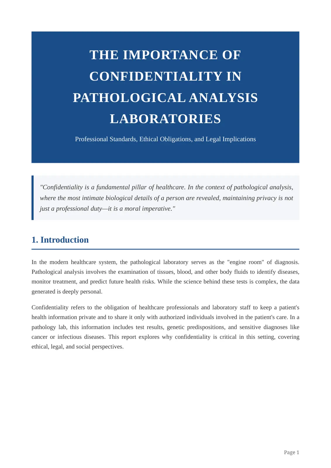 غلاف تقرير THE IMPORTANCE OF CONFIDENTIALITY IN PATHOLOGICAL ANALYSIS LABORATORIES
