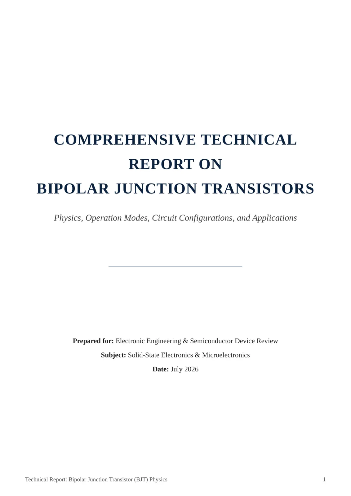 غلاف تقرير COMPREHENSIVE TECHNICAL REPORT ON BIPOLAR JUNCTION TRANSISTORS