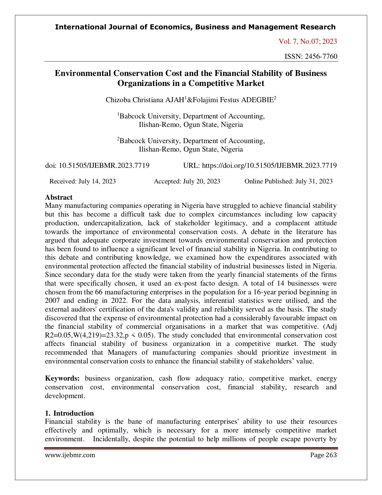غلاف تقرير Environmental Conservation Cost and the Financial Stability of Business Organizations in a Competitive Market