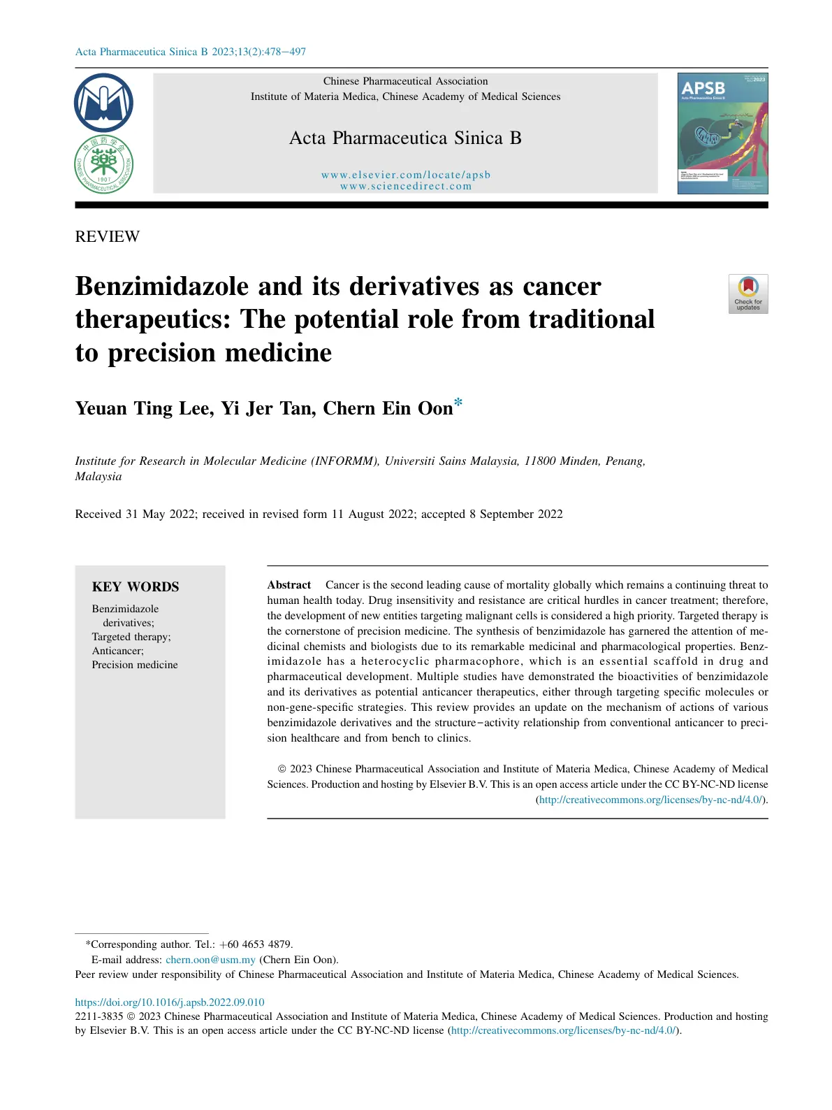غلاف تقرير Benzimidazole and its derivatives as cancer therapeutics: The potential role from traditional to precision medicine