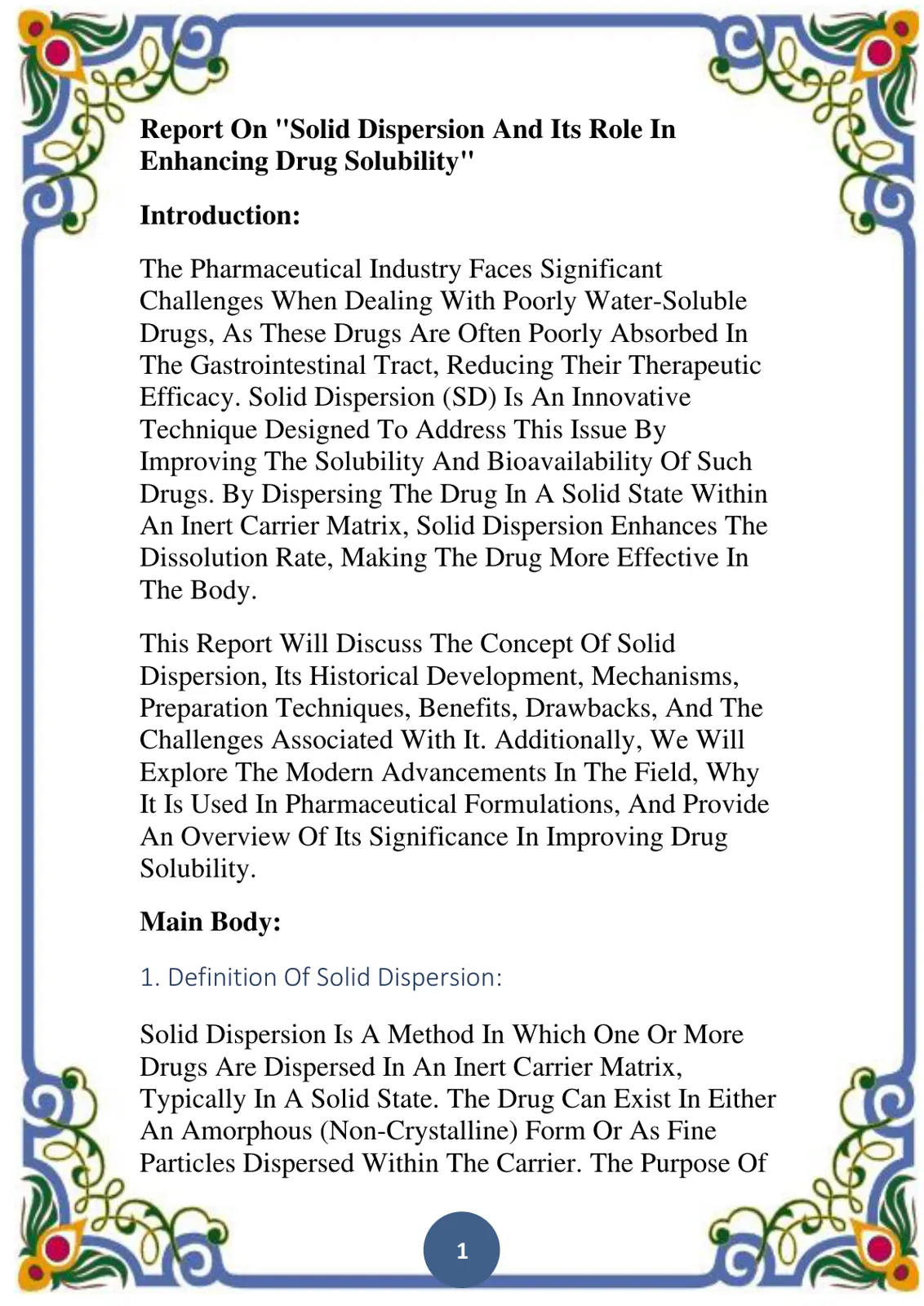 غلاف تقرير Solid Dispersion And Its Role In Enhancing Drug Solubility