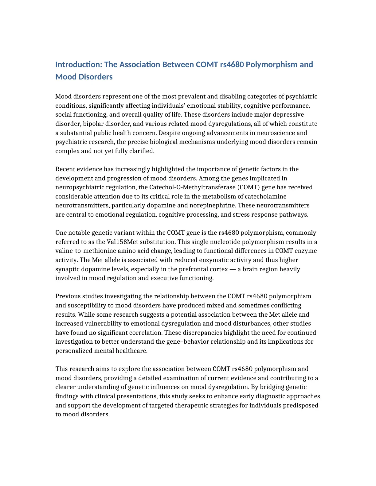 غلاف تقرير Introduction: The Association Between COMT rs4680 Polymorphism and Mood Disorders