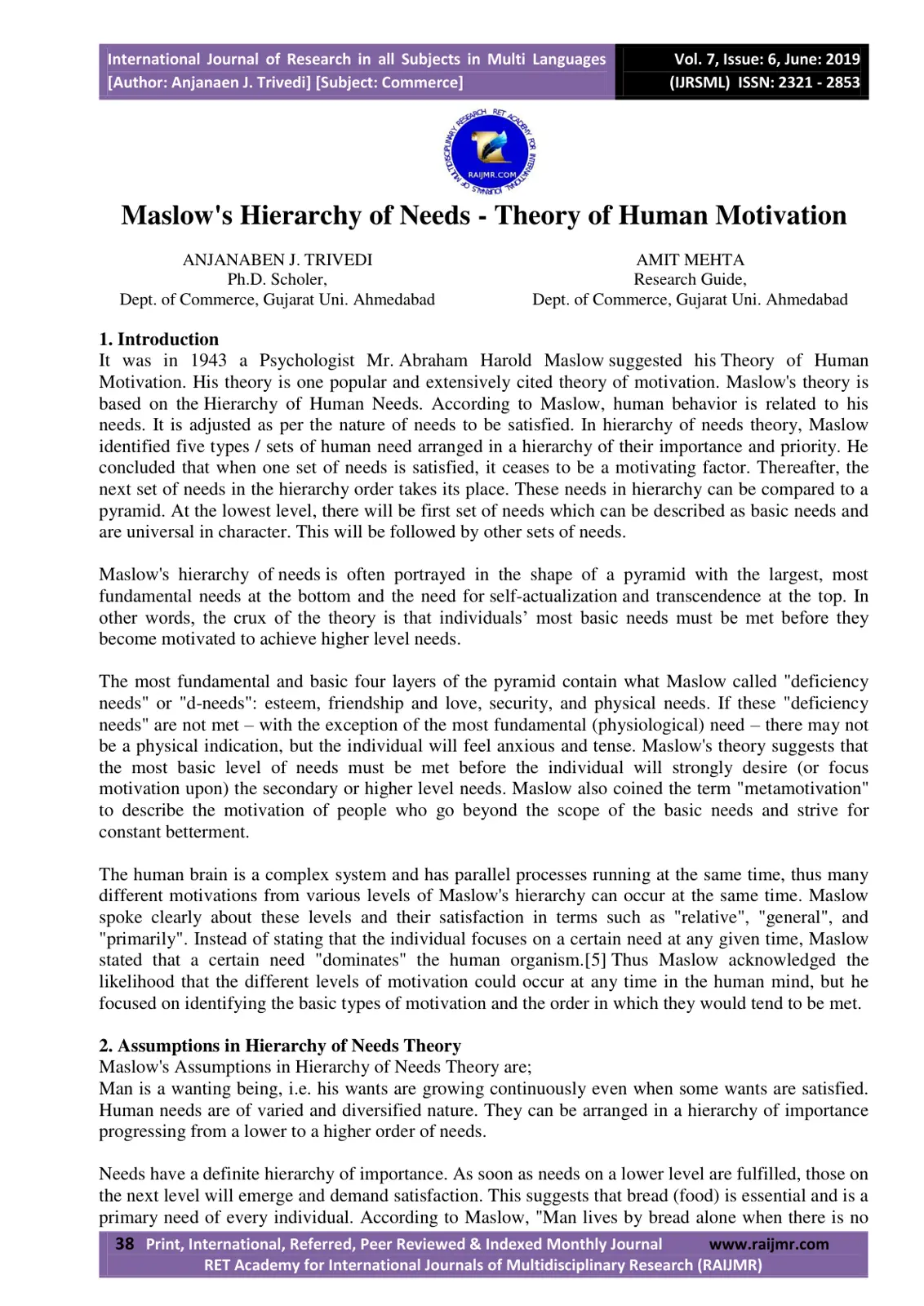غلاف تقرير Maslow's Hierarchy of Needs - Theory of Human Motivation