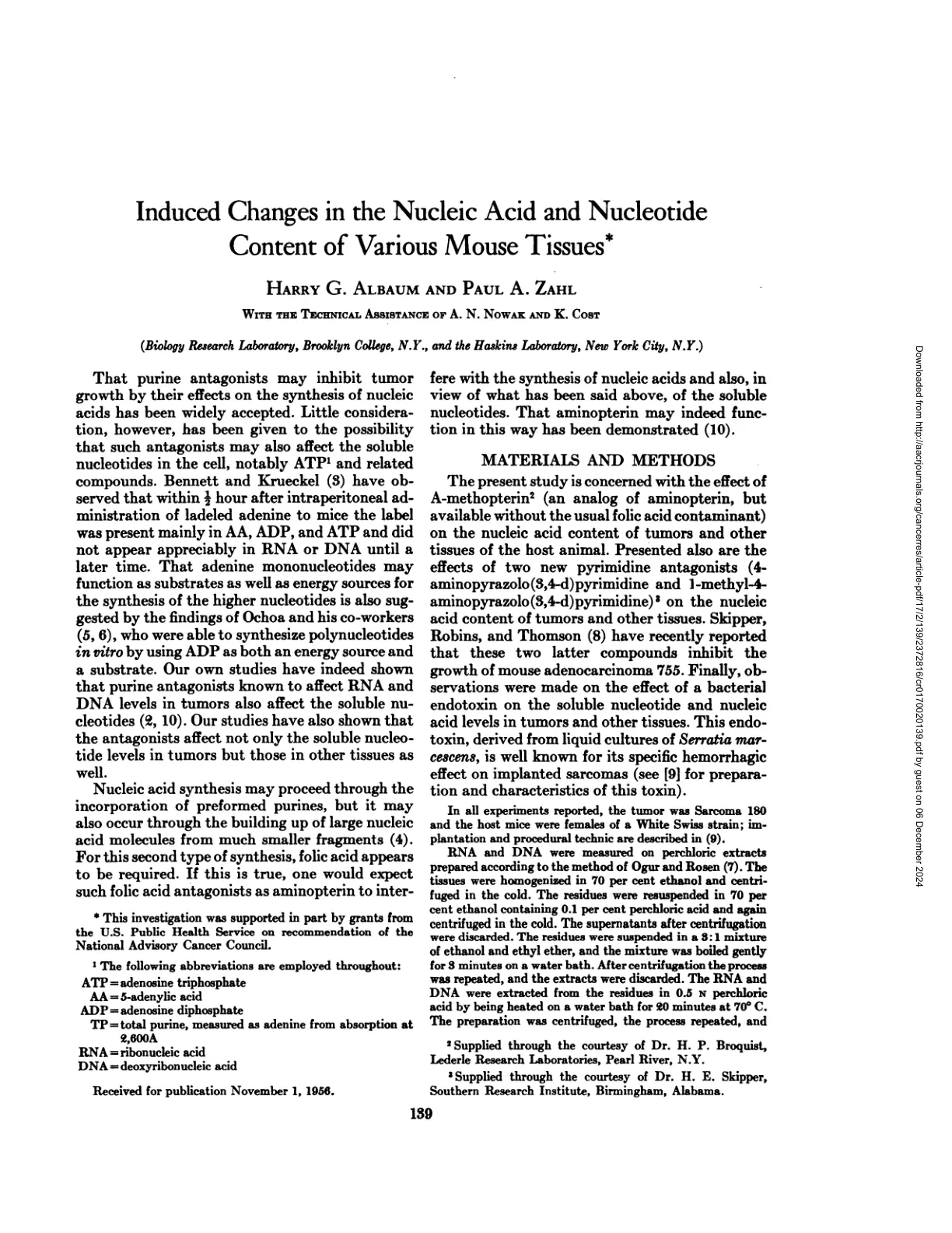 غلاف تقرير Induced Changes in the Nucleic Acid and Nucleotide Content of Various Mouse Tissues