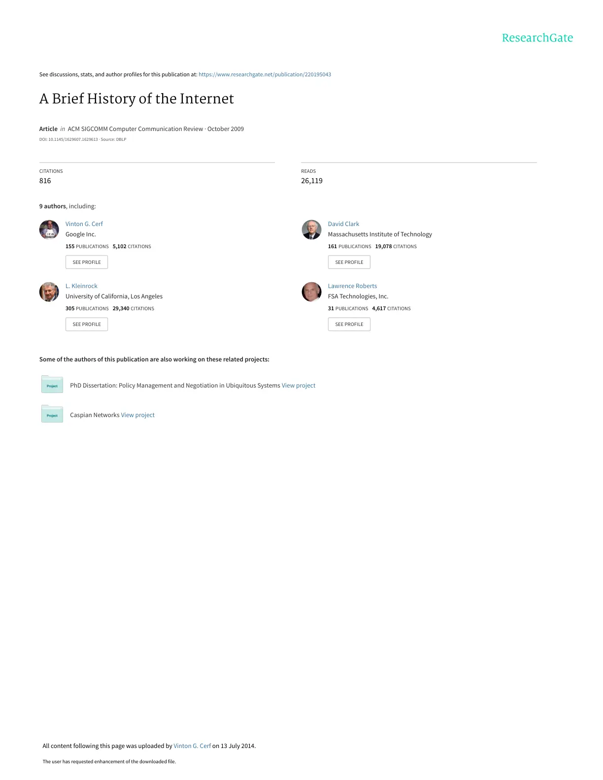 غلاف تقرير A Brief History of the Internet