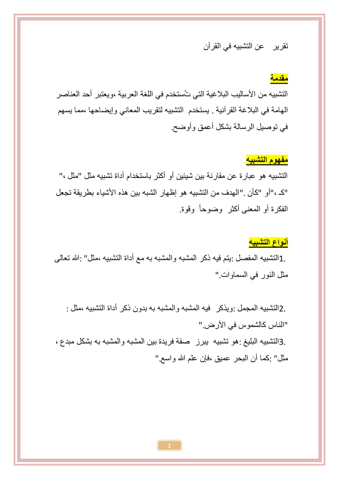 غلاف تقرير تقرير عن التشبيه في القرآن