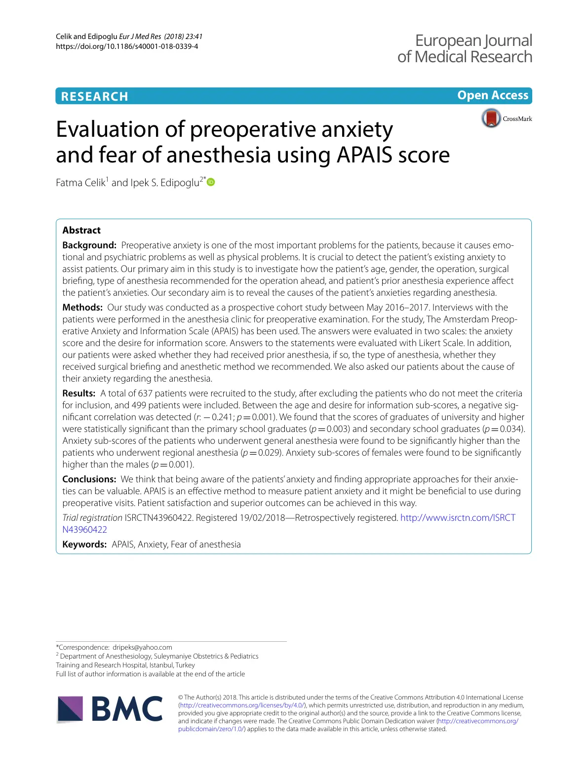 غلاف تقرير Evaluation of preoperative anxiety and fear of anesthesia using APAIS score
