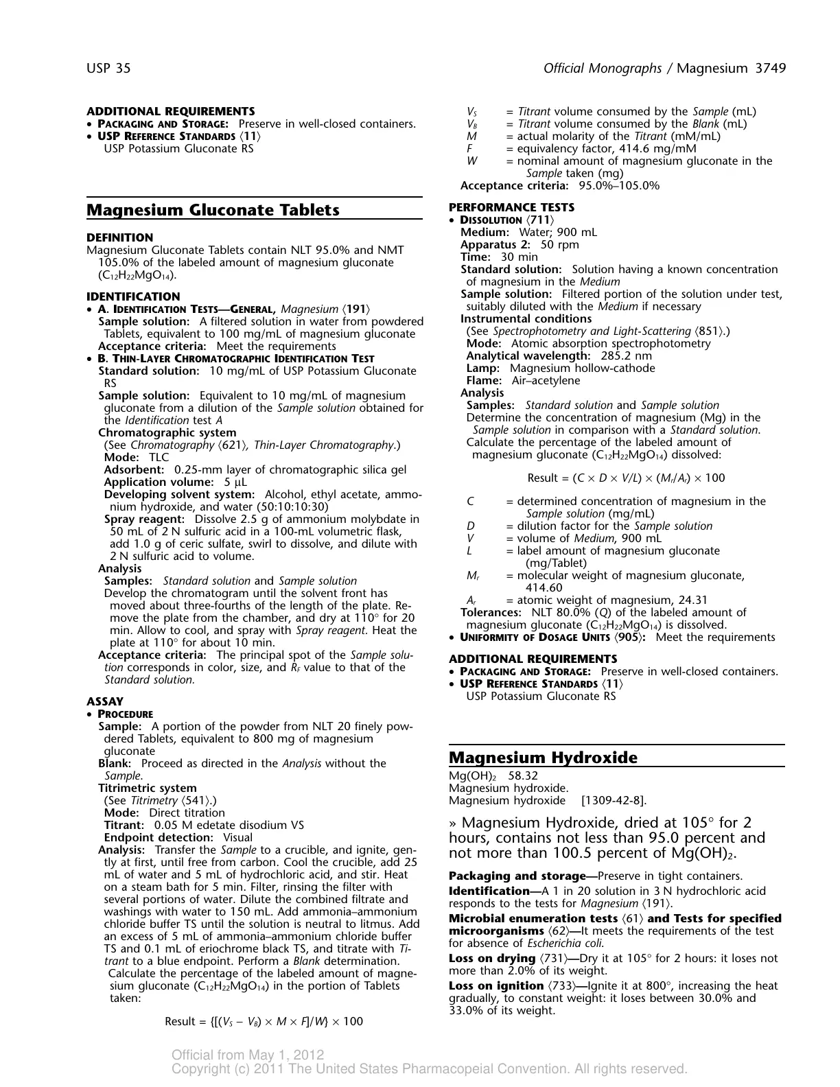غلاف تقرير USP 35 Official Monographs: Magnesium Gluconate Tablets