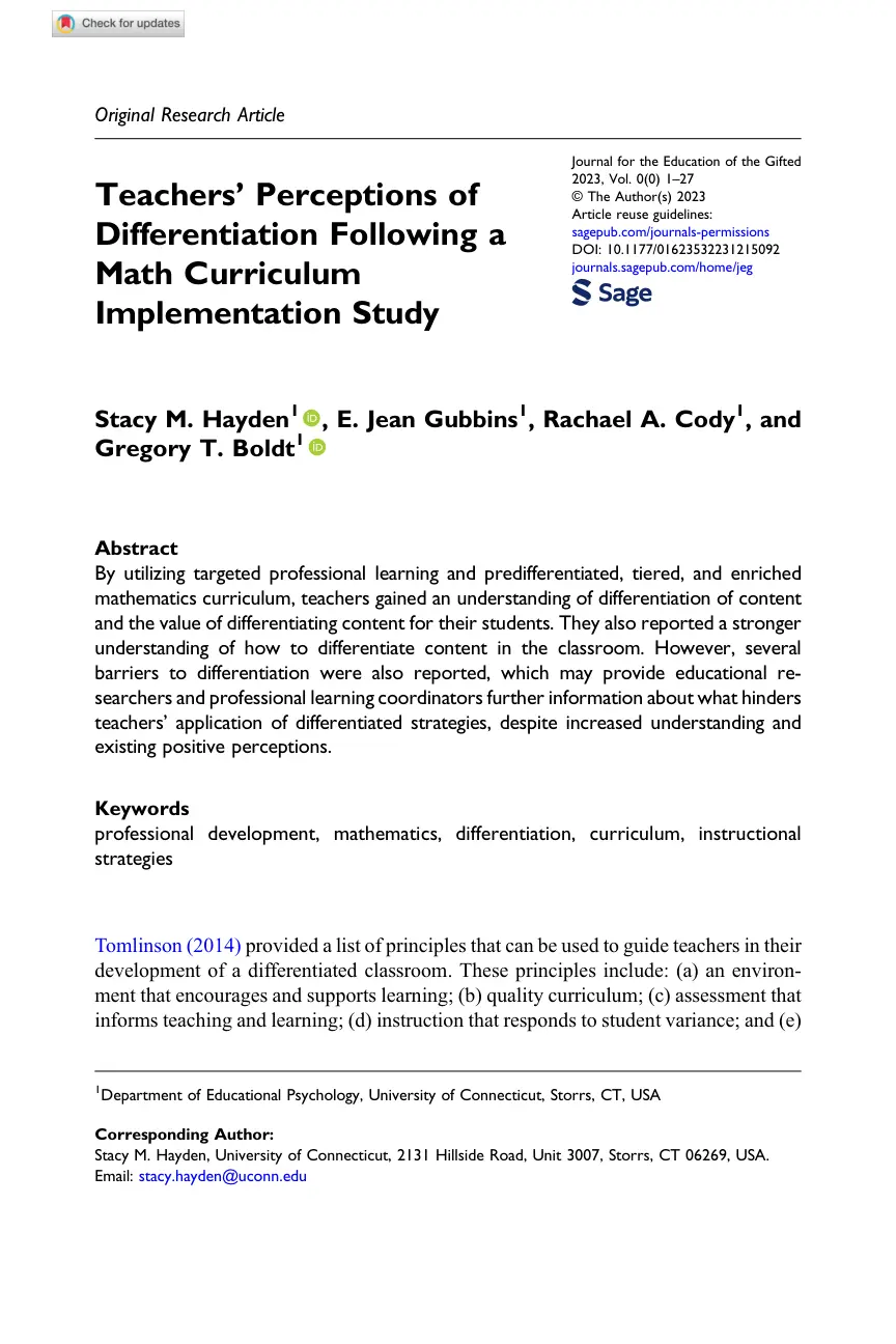 غلاف تقرير Teachers' Perceptions of Differentiation Following a Math Curriculum Implementation Study