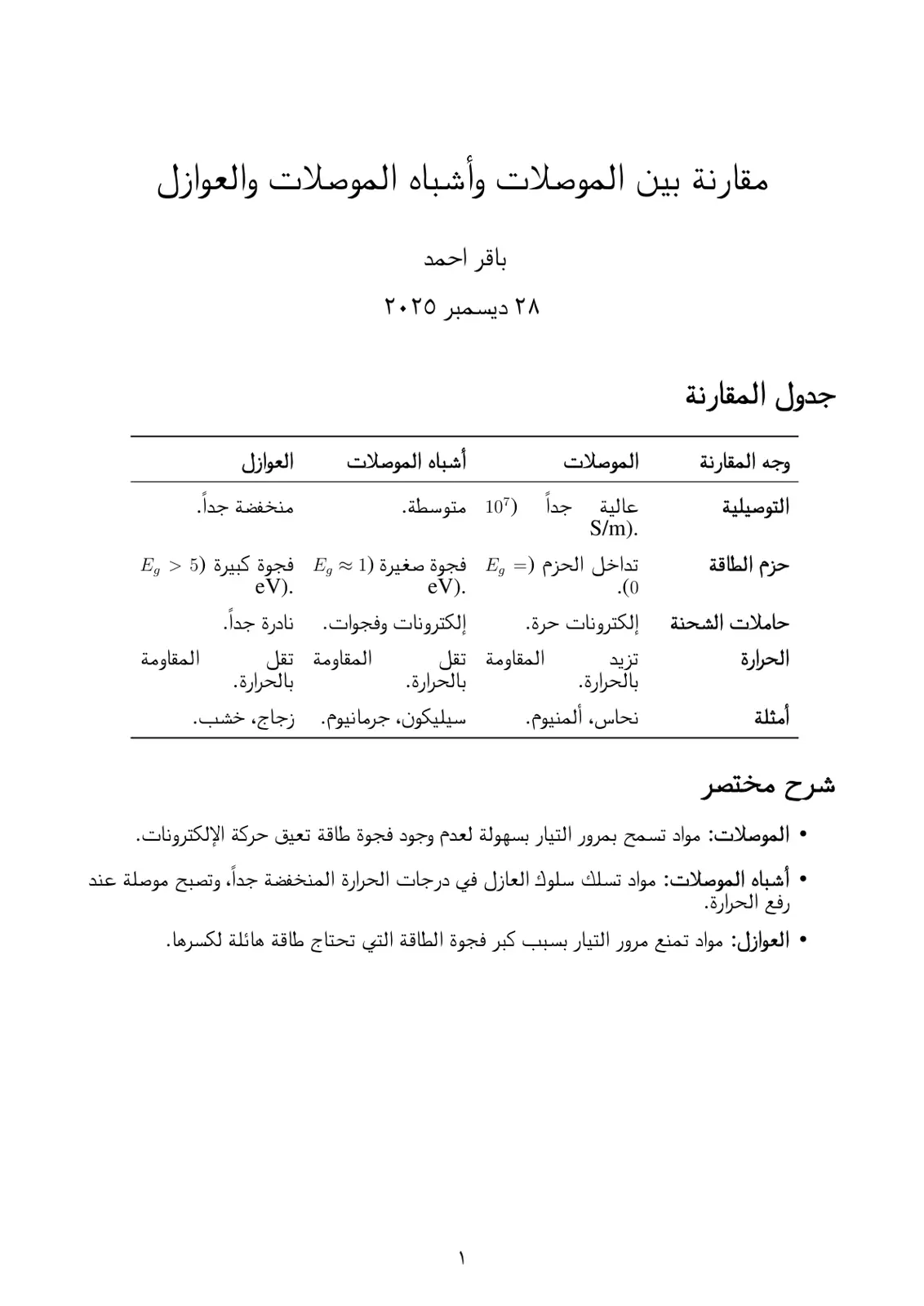 غلاف تقرير مقارنة بين الموصلات وأشباه الموصلات والعوازل