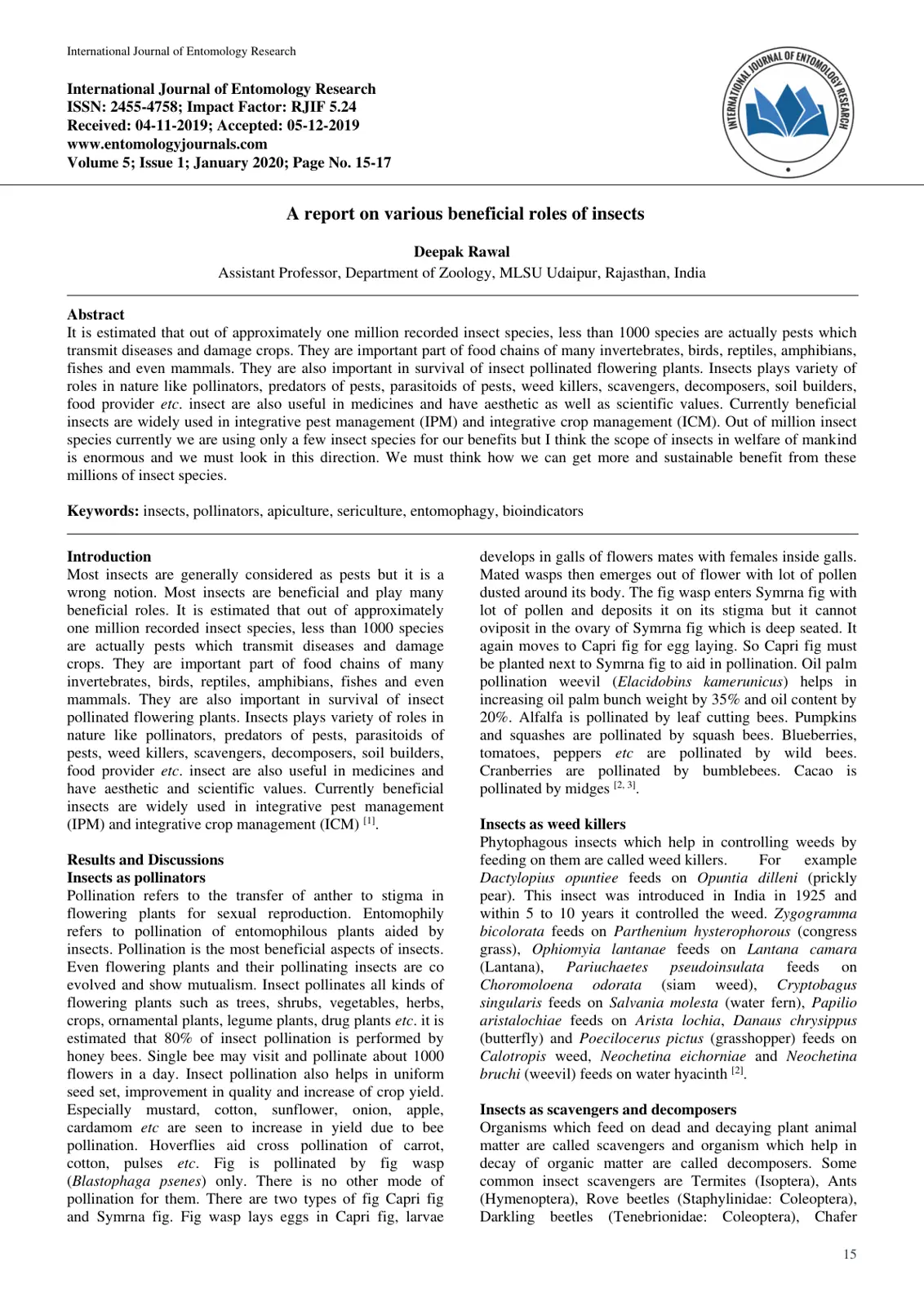 غلاف تقرير A Report on Various Beneficial Roles of Insects