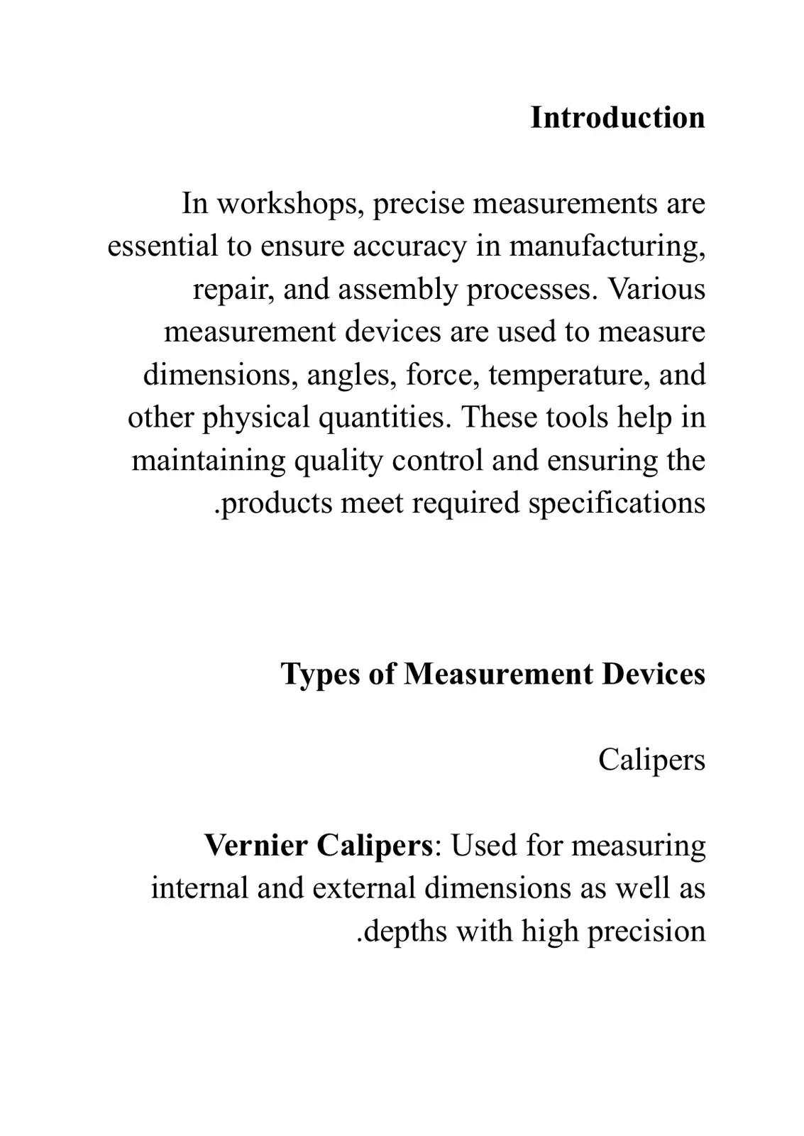 غلاف تقرير Types of Measurement Devices in Workshops