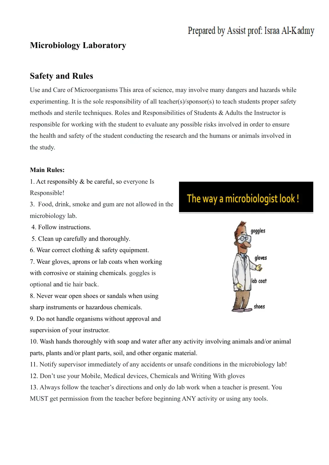 غلاف تقرير Microbiology Laboratory Safety and Rules
