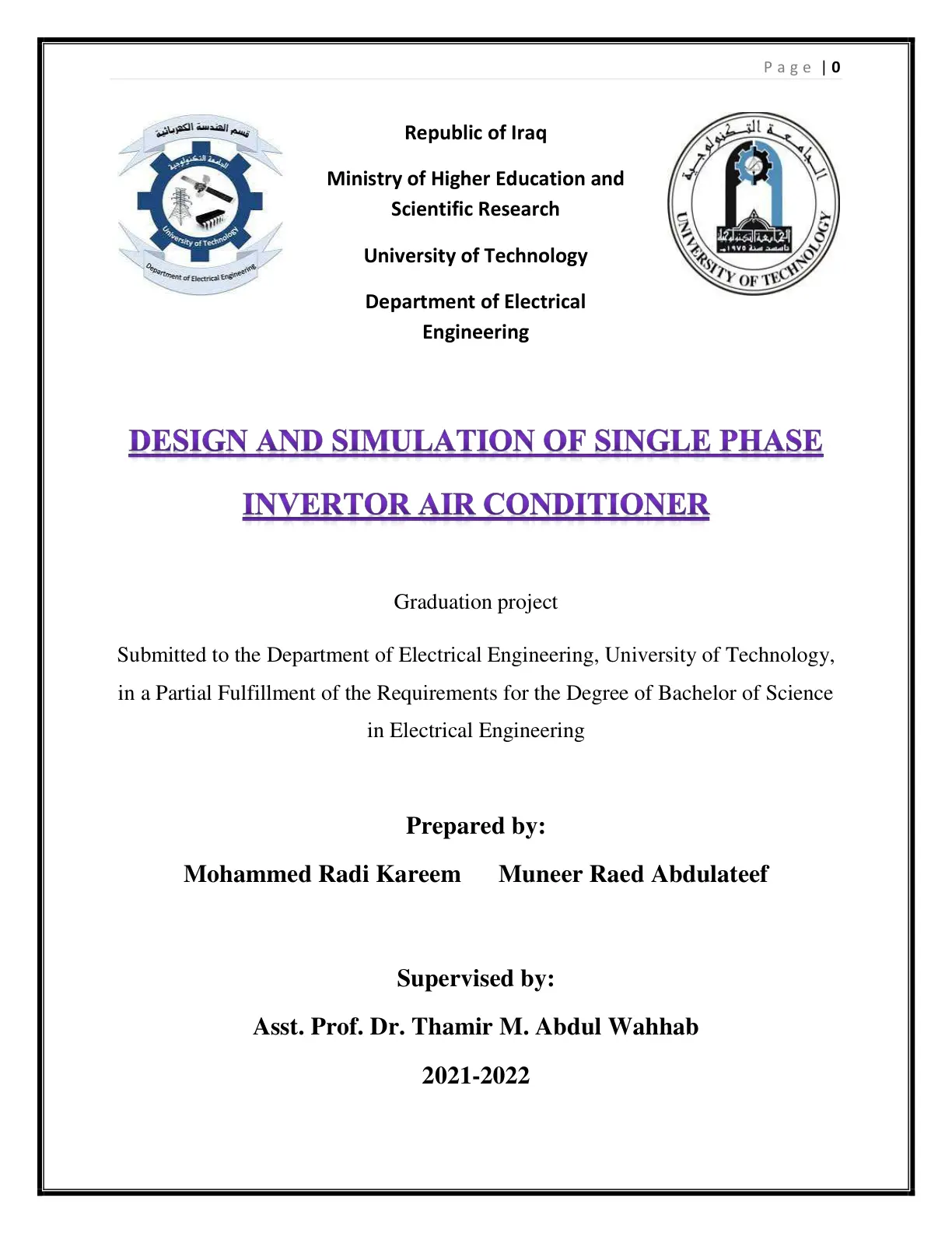 غلاف تقرير Design and Simulation of Single Phase Inverter Air Conditioner