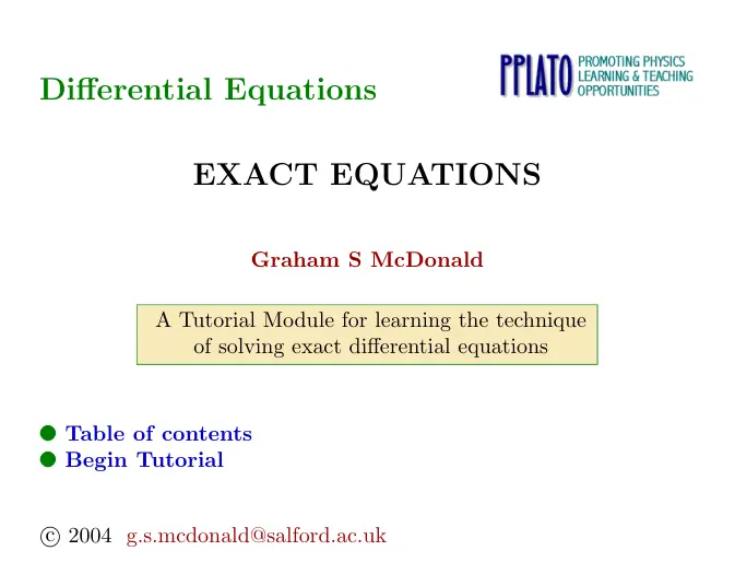 غلاف تقرير Differential Equations EXACT EQUATIONS