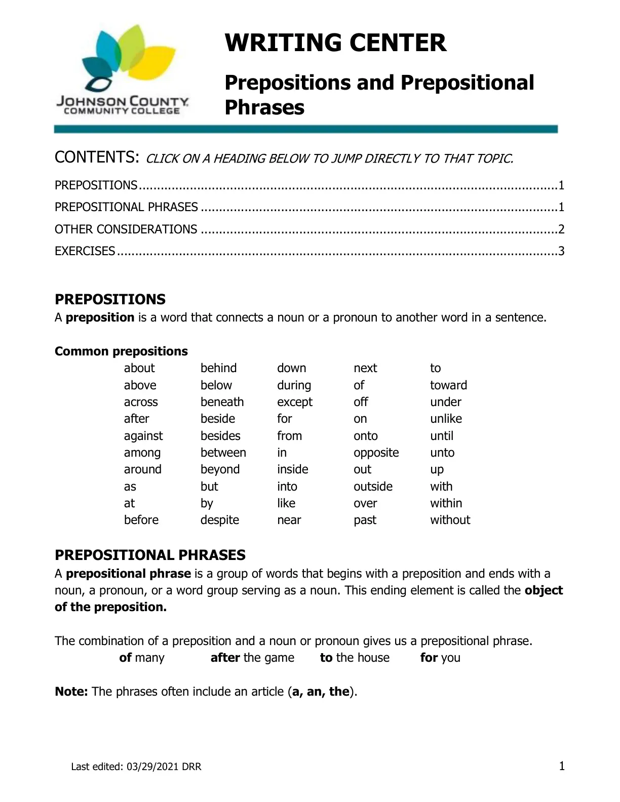 غلاف تقرير Prepositions and Prepositional Phrases