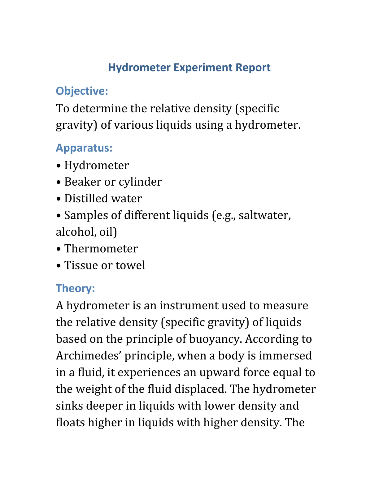 غلاف تقرير Hydrometer Experiment Report