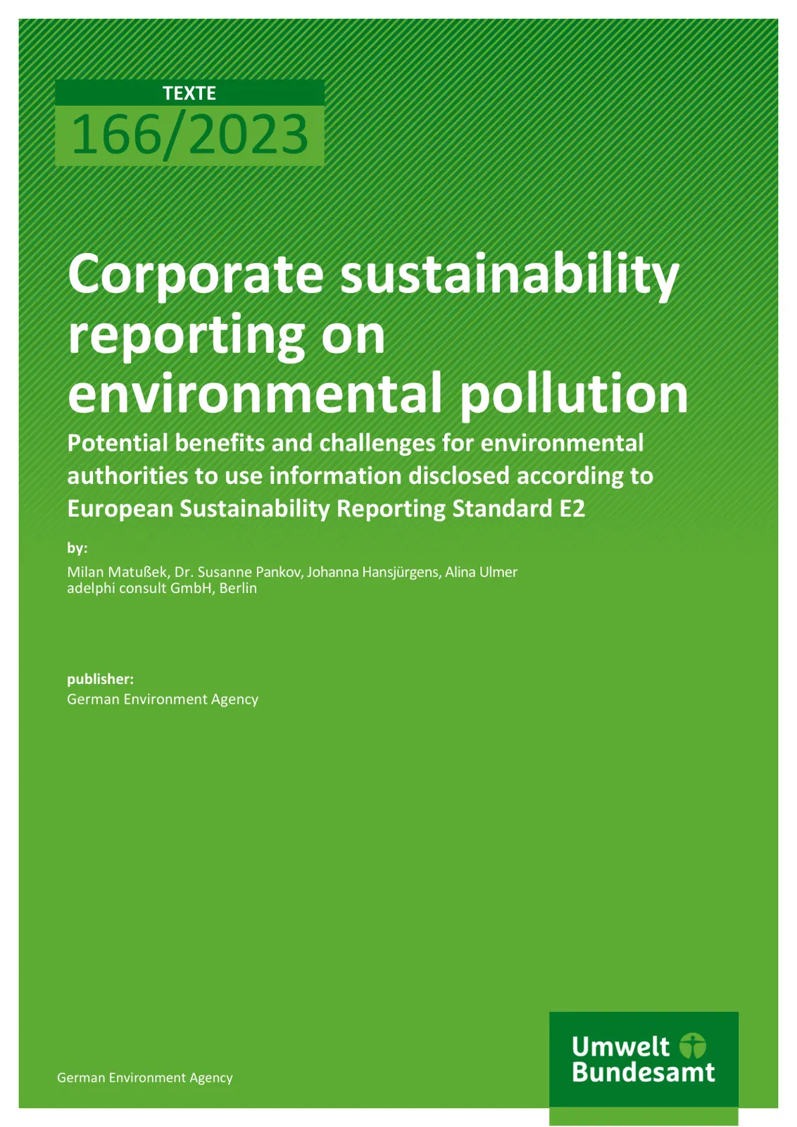 غلاف تقرير Corporate sustainability reporting on environmental pollution Potential benefits and challenges for environmental authorities to use information disclosed according to European Sustainability Reporting Standard E2