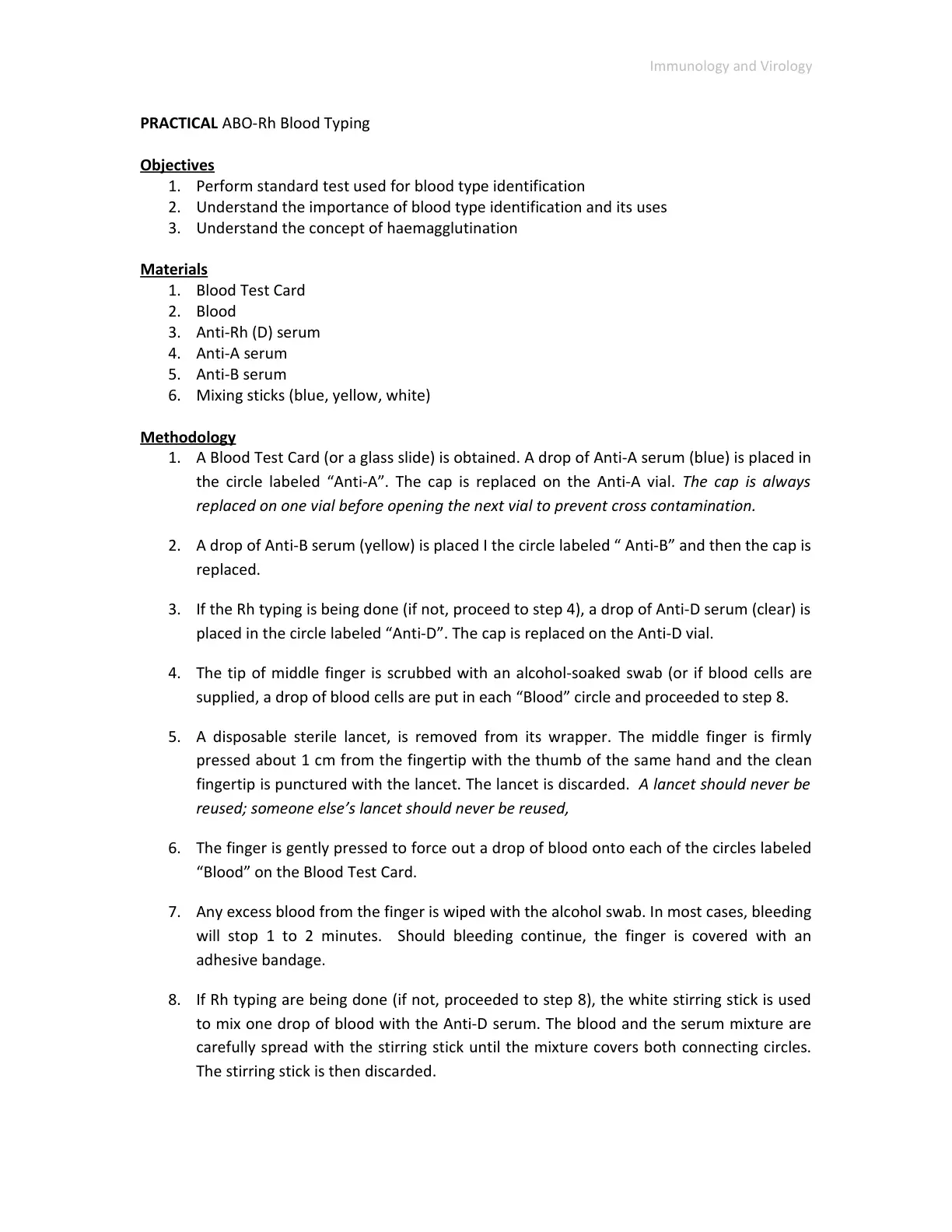 غلاف تقرير Immunology and Virology PRACTICAL ABO-Rh Blood Typing