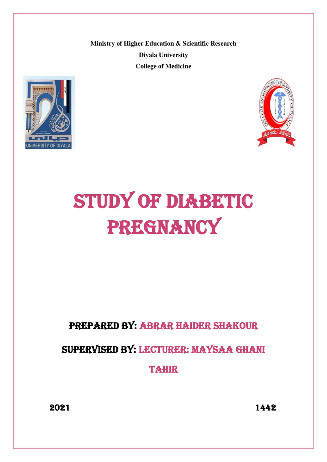 غلاف تقرير STUDY OF DIABETIC PREGNANCY