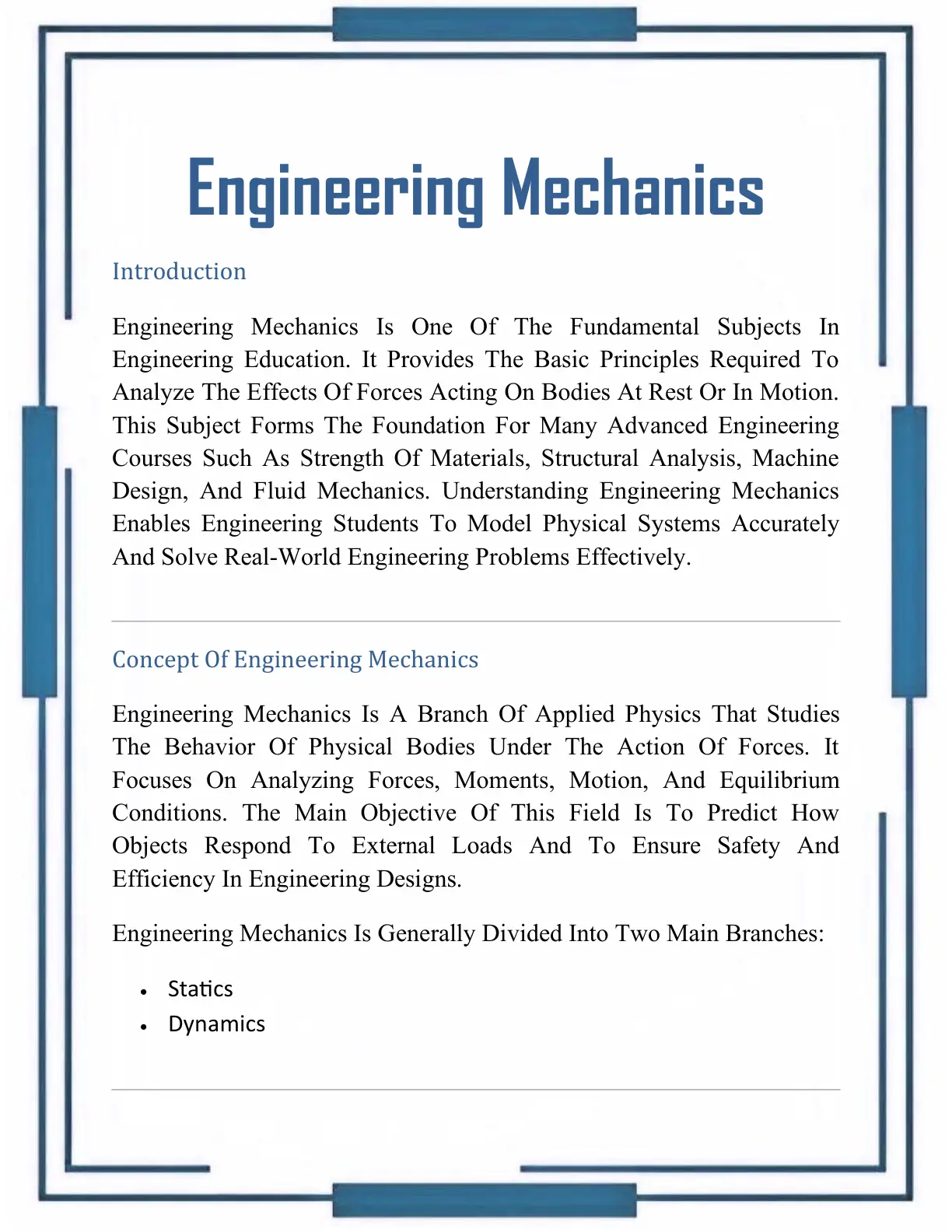 غلاف تقرير Engineering Mechanics