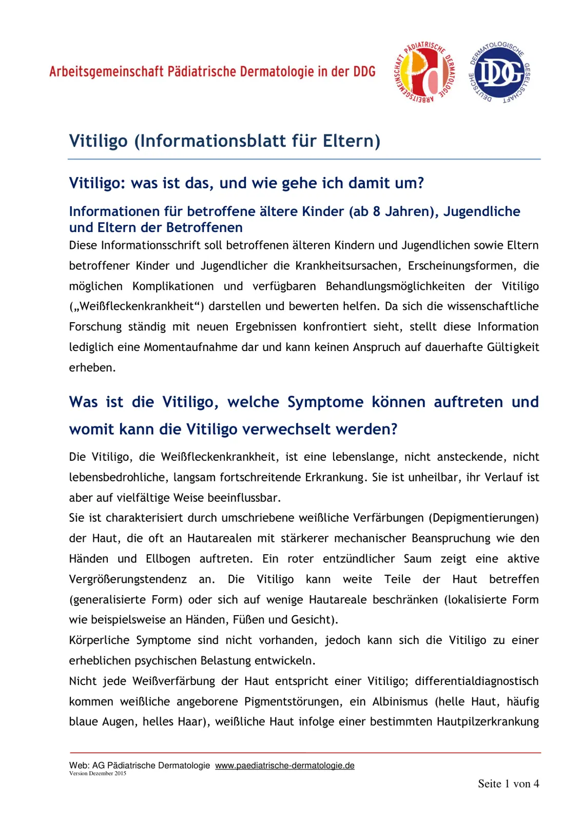 غلاف تقرير Vitiligo: Informationsblatt für Eltern