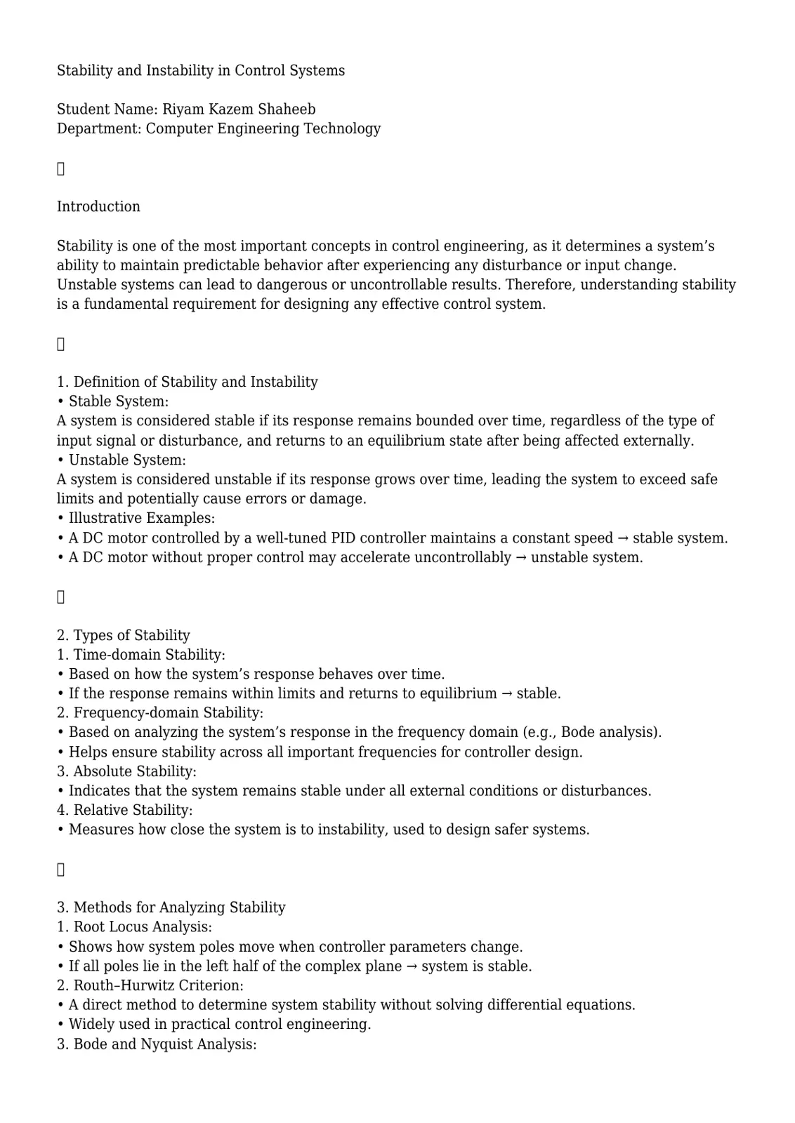 غلاف تقرير Stability and Instability in Control Systems