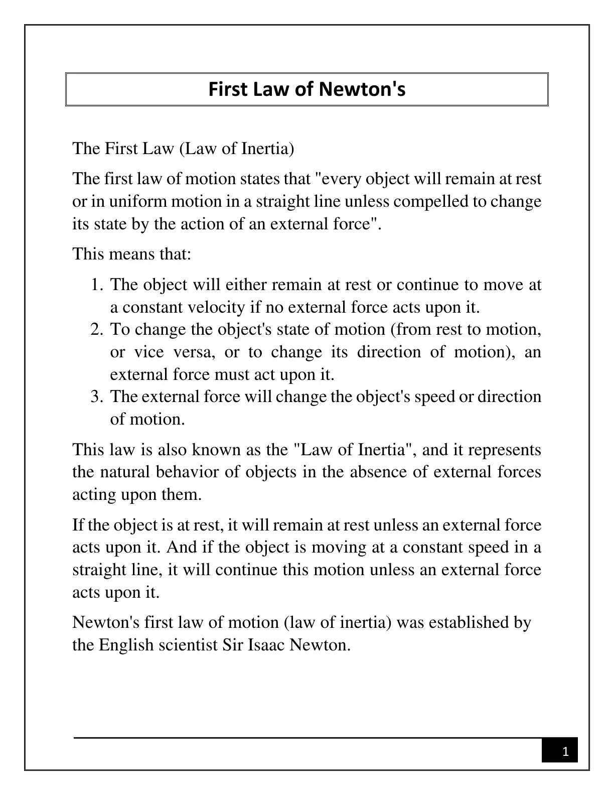 غلاف تقرير Newton's First Law of Motion
