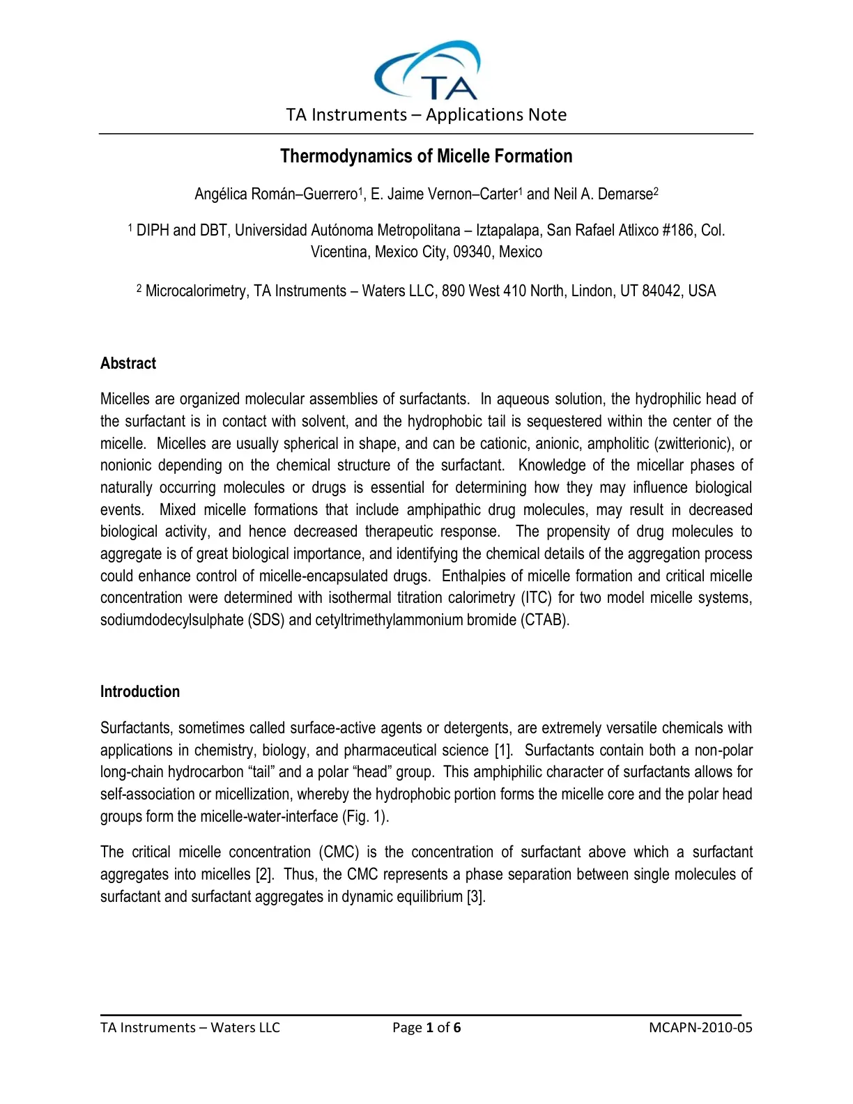 غلاف تقرير Thermodynamics of Micelle Formation