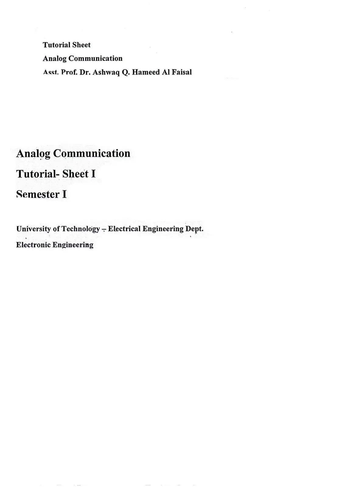 غلاف تقرير Analog Communication - Tutorial Sheet