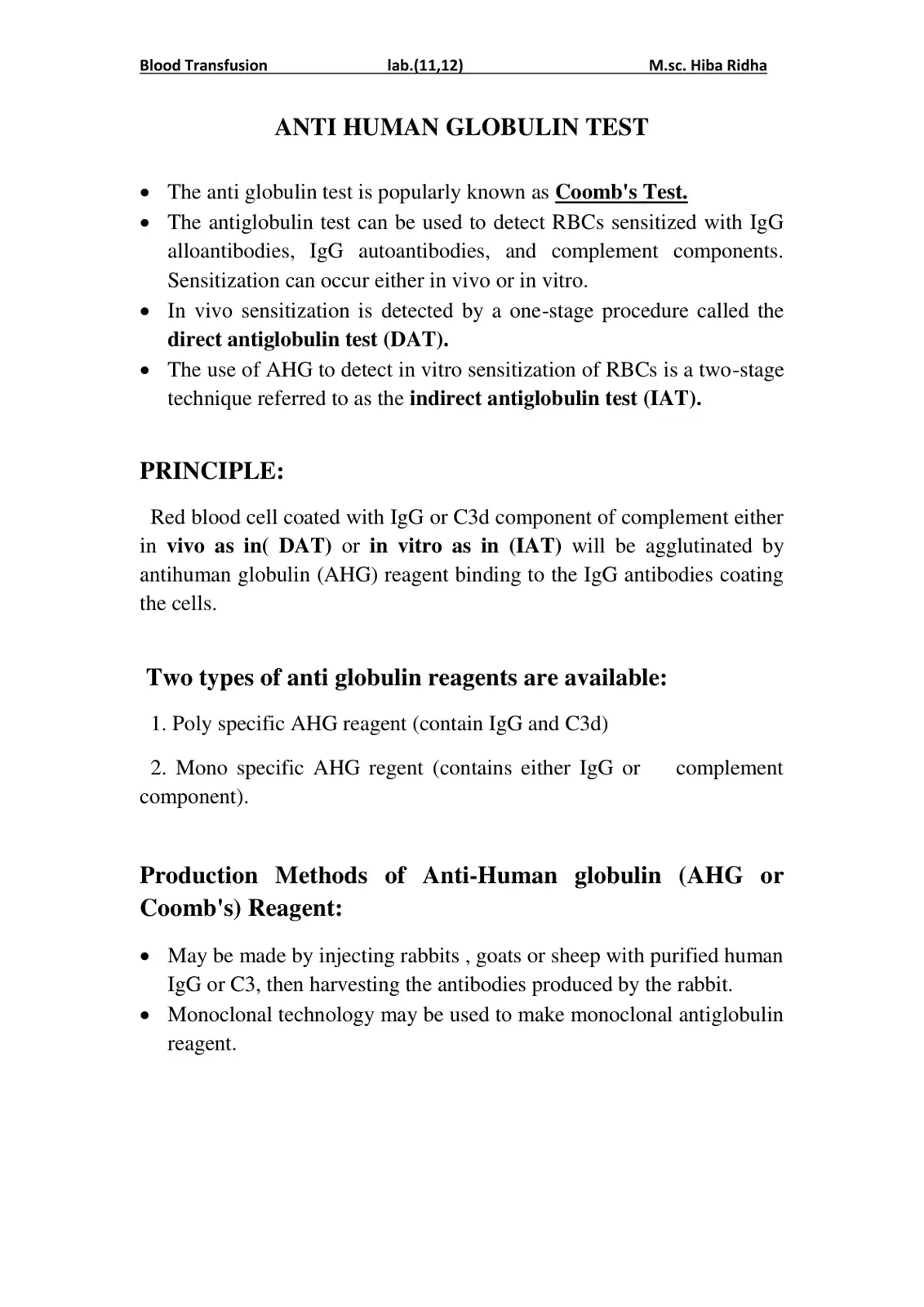 غلاف تقرير Blood Transfusion - Anti Human Globulin Test