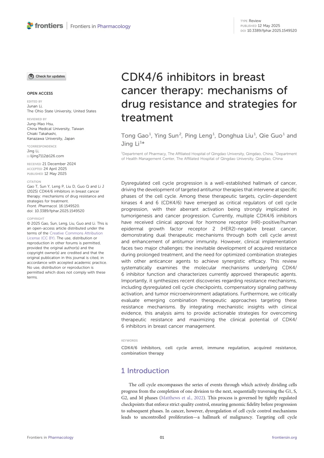 غلاف تقرير CDK4/6 inhibitors in breast cancer therapy: mechanisms of drug resistance and strategies for treatment