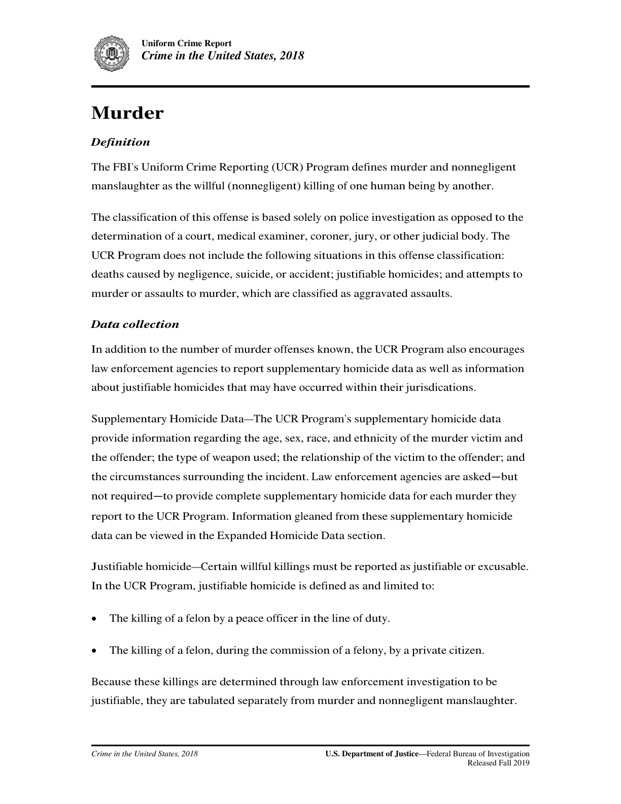 غلاف تقرير Uniform Crime Report
Crime in the United States, 2018